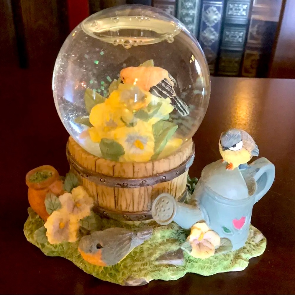 Water Globe Featuring Springtime Flowers, Birds and Gardening Supplies